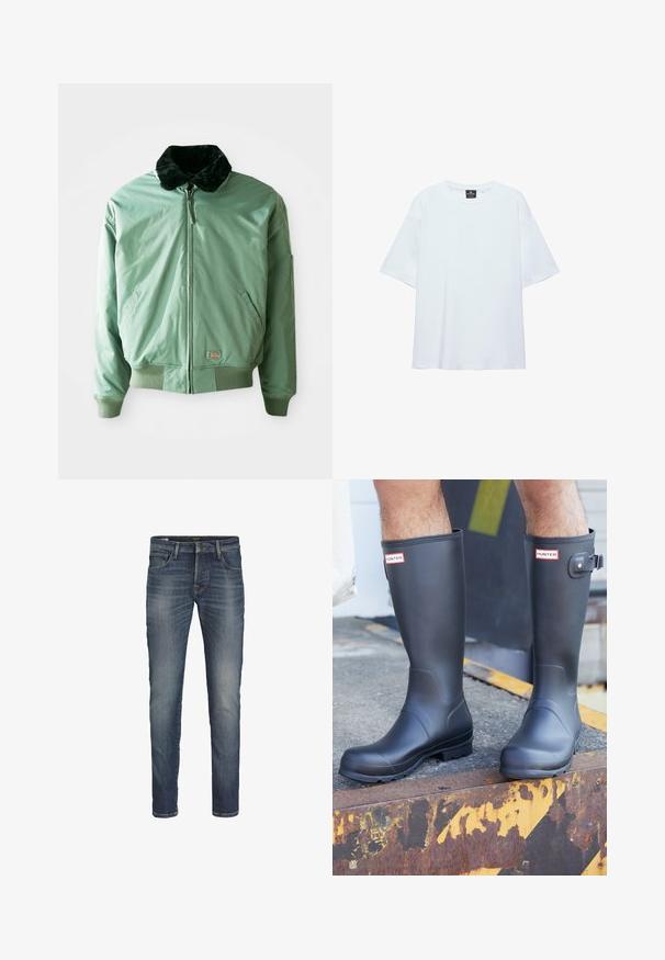 Grøn bomberjakke med en sort faux fur-krave, lynlås-lukning, ribbede manchetter og talje samt sidelommer. Glat, skinnende stof.; Hvid, oversized T-shirt med korte ærmer og rund halsudskæring, med en sort etiket inde i kraven på en hvid baggrund.; Mørkeblå denim jeans med slim fit, fem-lomme-design, synlig syning og subtil falming på lårene. Klassisk knap- og lynlås-lukning.; Person iført sorte Hunter regnstøvler stående på en rusten metalrand med gule og sorte advarselsmærker.