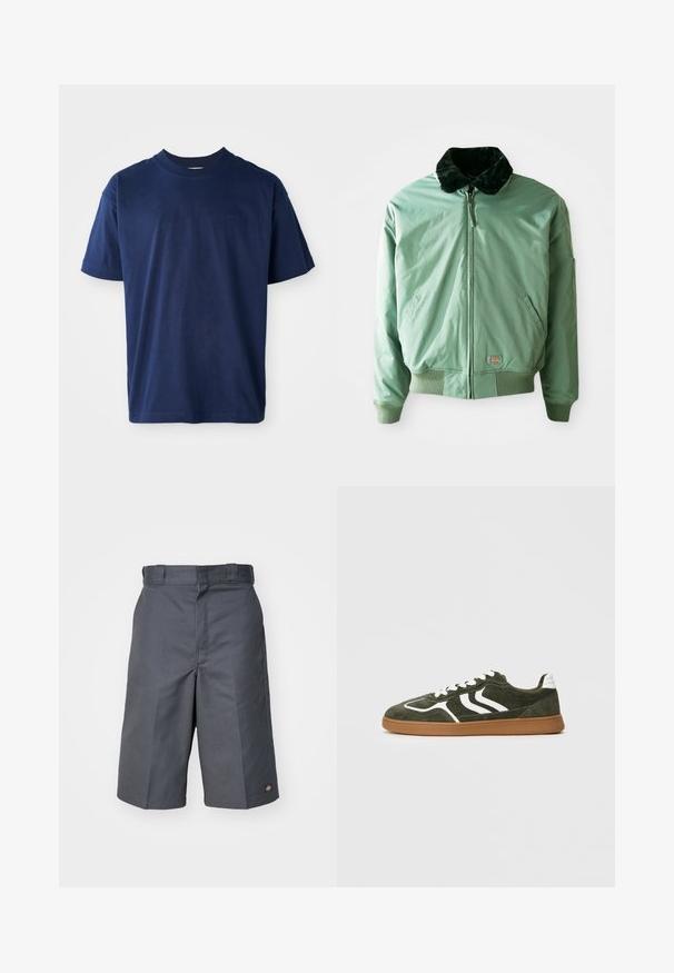 Veste bomber verte avec un col en fausse fourrure noire, fermeture éclair, poignets et taille côtelés, et poches latérales. Tissu lisse et brillant.; T-shirt en coton bleu marine avec un col rond, des manches courtes et un logo en relief subtil sur la poitrine. Design simple et plat, texture douce.; Shorts gris en tissu durable, dotés d'une coupe droite, de deux poches latérales et d'un petit logo sur la poche arrière.; Baskets en suède vert avec des rayures blanches, des lacets blancs, un talon rembourré blanc et une semelle en caoutchouc naturel, présentées de profil sur un fond uni.