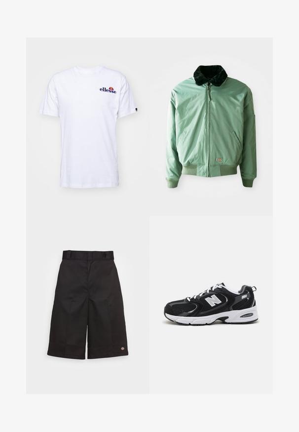Groene bomberjack met een zwart nepmoffelkragen, ritssluiting, geribde manchetten en tailleband, en zijzakken. Glad, glanzend materiaal.; Witte katoenen T-shirt met korte mouwen, voorzien van een marineblauw geborduurd logo op de linkerborst en een levendige kleurenaccent boven het logo.; Zwarte katoenen shorts met een rechte snit, knielengte, voorzien van een zichtbaar merklogo op de zoom en een gladde textuur.; Zwarte en grijze sport schoenen met een bovenwerk van mesh en suede, voorzien van een witte tussenzool, veters en een gedurfde "N"-logo aan de zijkant.