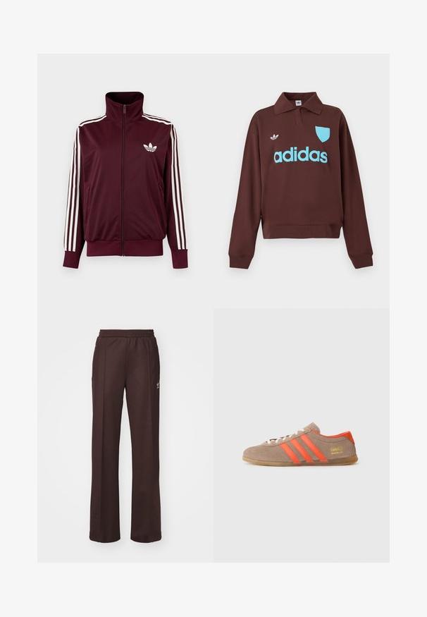 Vinrød trackjakke med lynlås og høj krave, hvide tre striber på ærmerne og hvidt Adidas trefoil-logo på brystet.; Brun sweatshirt med polo krave, der har en lys blå "adidas" logo og skjolddetalje, lavet af blødt stof med en afslappet pasform.; Brune træningsbukser med elastisk talje, to sidelommer og et lille logo på venstre side, lavet af et blødt stof.; Brune ruskinds sneakers med tre klare orange striber, snørebånd foran og gyldent "Gazelle" branding på siden. Flad gummi sål.
