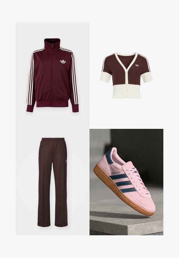 Bordeauxkleurige trainingsjas met ritssluiting en hoge kraag, witte drie strepen op de mouwen en wit Adidas trefoil-logo op de borst.; Korte mouwen cardigan met een bruin bovenstuk en een crèmekleurig onderstuk, voorzien van een V-hals, knoopsluiting en een subtiel ontwerp met drie strepen.; Bruine sportieve broek met een elastische tailleband, twee zijzakken en een klein logo aan de linkerzijde, gemaakt van een zachte stof.; Lichtroze suède sneaker met marineblauwe drie strepen, rubberen zool en lichtroze veters. Heeft het "SPEZIAL"-logo aan de zijkant.