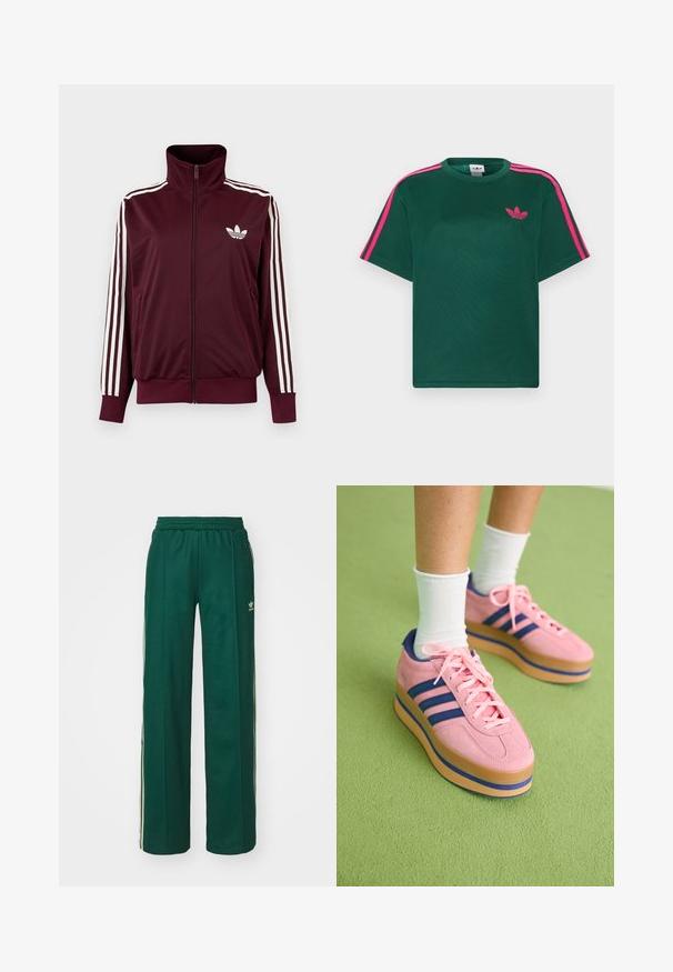 Burgundia tooniga lukuga spordijakk kõrge kraega, valgete kolme triibuga varrukatel ja valge Adidas Trefoil logoga rinnal.; Roheline lühikeste varrukatega T-särk, mille õlgadel on eredapinkid triibud ja rinnal Adidas kolmelehise ristikheina logo.; Tumed roheline sportlikud püksid, mis on lõdvema lõikega, koos paelaga vöökohas, küljetaskute ja kreemjate triipudega külgedel.; Roosa sametist platvormi tossud siniste triipudega ja roosade paeltega. Paks pruun tallaga, kus on sinine aktsent. Kanda valgete pahkl Socks-idega rohelisel pinnal.