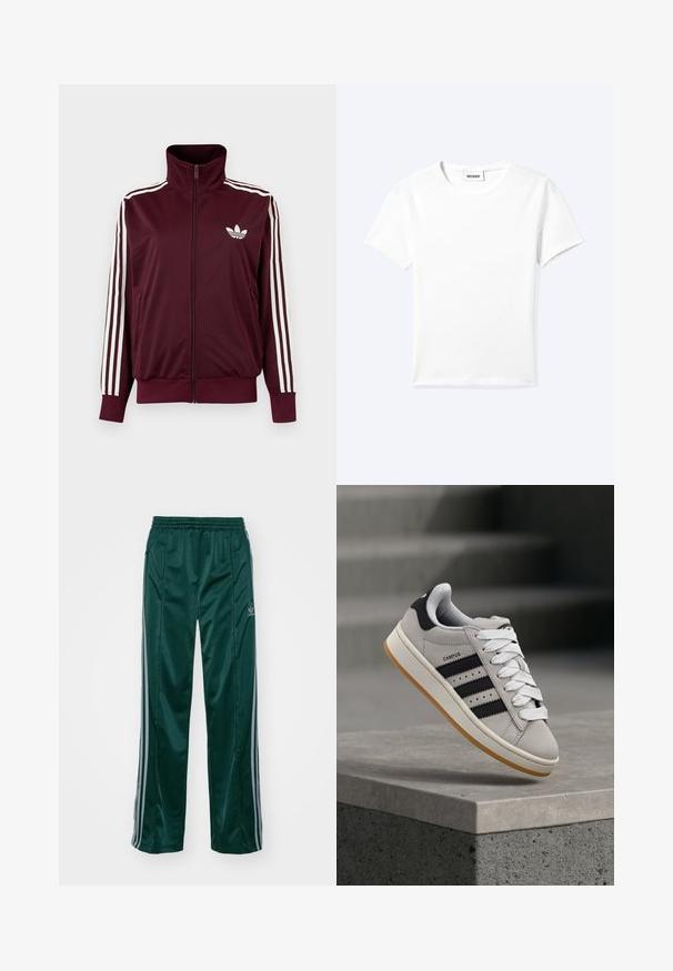 Bordeauxkleurige trainingsjas met ritssluiting en hoge kraag, witte drie strepen op de mouwen en wit Adidas trefoil-logo op de borst.; Effen wit T-shirt met korte mouwen en ronde hals met een klein "WEEKDAY" label aan de binnenkant van de hals, plat neergelegd op een lichte achtergrond.; Donkergroene sportbroeken van glanzend materiaal, met zijstrepens in lichtgrijs en een geborduurd logo op het linkerbeen.; Grijze Adidas Campus sneaker met zwarte strepen en witte veter, zwevend boven een betonnen richel met trappen op de achtergrond.