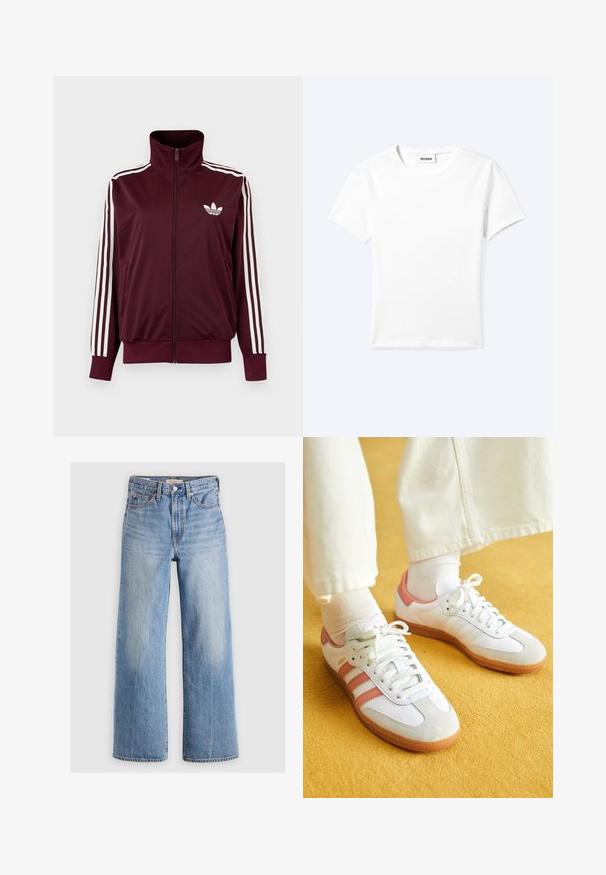 Veste de survêtement bordeaux zippée avec col haut, trois bandes blanches sur les manches et logo Adidas trefoil blanc sur la poitrine.; T-shirt blanc uni à manches courtes et col rond avec une petite étiquette "WEEKDAY" à l'intérieur de l'encolure, présenté à plat sur un fond clair.; Jeans larges en denim bleu clair avec une taille haute, zones décolorées, cinq poches et coutures contrastées. Fermeture classique à bouton et à glissière.; Baskets blanches avec des accents roses, en matériaux de daim et de cuir, à bout rond et semelle en caoutchouc, présentées avec des chaussettes claires sur un fond jaune.