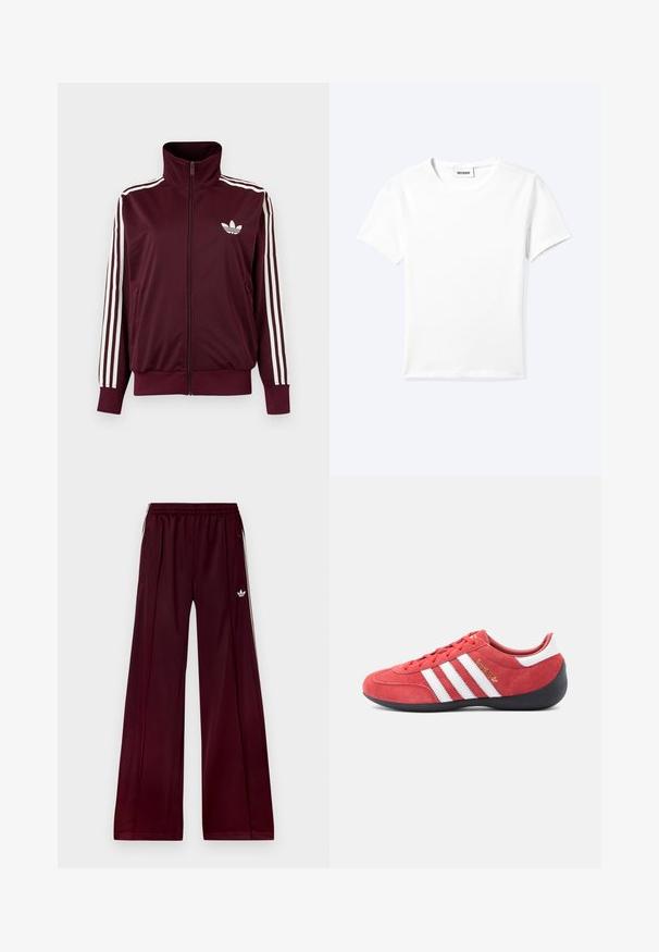Bordeauxrote Trainingsjacke mit Reißverschluss und hohem Kragen, weißen drei Streifen an den Ärmeln und weißem Adidas-Trefoil-Logo auf der Brust.; Einfaches weißes T-Shirt mit kurzen Ärmeln und Rundhalsausschnitt sowie kleinem "WEEKDAY"-Etikett im Nacken, flach auf einem hellen Hintergrund präsentiert.; Bordeauxfarbene Sportpants mit lockerer Passform, aus glattem Material, mit zwei seitlichen Taschen und weißen Kontraststreifen an den Seiten.; Roter Wildleder-Sportschuh mit weißem Drei-Streifen-Design, schwarzer Gummisohle und minimalistischer Form. Goldfarbenes Logodetail an der Seite.