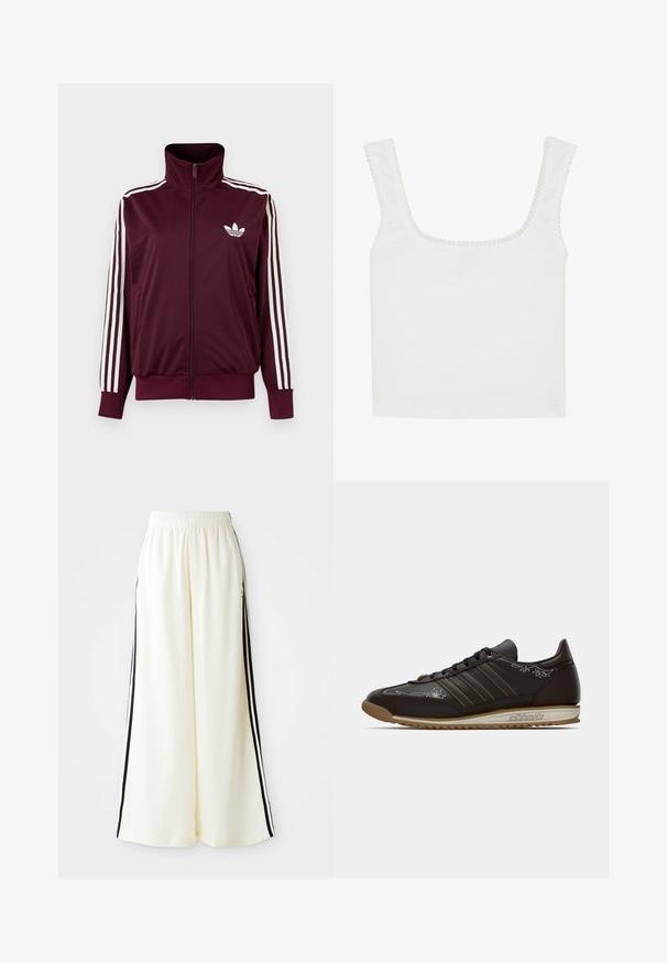 Vinrød trackjakke med lynlås og høj krave, hvide tre striber på ærmerne og hvidt Adidas trefoil-logo på brystet.; Hvid, ribbet tanktop med firkantet halsudskæring og brede stropper. Funktioner med bølgeformet kant langs halsudskæringen og armhulen.; Hvide løse bukser med elastisk talje og sorte lodrette striber langs yderseams.; Lave brune Adidas sneakers med sorte snørebånd, hvide broderede detaljer og gummisål, vist fra ydersiden på hvid baggrund.