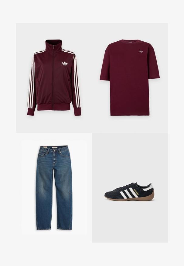 Bordeauxkleurige trainingsjas met ritssluiting en hoge kraag, witte drie strepen op de mouwen en wit Adidas trefoil-logo op de borst.; Bordeauxrood Adidas T-shirt met ronde hals en korte mouwen, met een klein wit Adidas trefoil-logo op de linkerborst.; Blauwe denim jeans met een relaxte pasvorm, voorzien van een hoge taille, rechte pijpen, zichtbare stiksels en een kleine accent op de linkerknee.; Zwarte suède sneaker met drie witte strepen, een rubberen gumzool en een klein gouden logo aan de zijkant. Heeft een gladde zwarte binnenvoering.