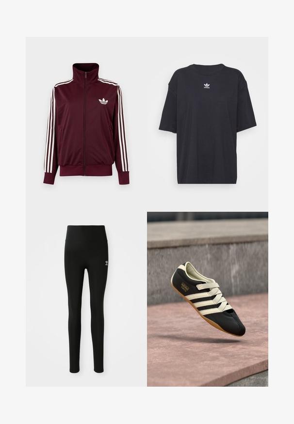 Bordeauxkleurige trainingsjas met ritssluiting en hoge kraag, witte drie strepen op de mouwen en wit Adidas trefoil-logo op de borst.; Zwarte katoenen T-shirt met korte mouwen, ronde halslijn, voorzien van een wit Adidas-logo op de borst. Eenvoudig ontwerp, comfortabele pasvorm.; Zwarte legging van rekbaar materiaal met een hoge taille, voorzien van een klein wit Adidas-logo op het linkerbeen. Gladde textuur.; Zwart sportschoen met crèmekleurige strepen en veters, met een laag profiel, gladde textuur en een rubberen zool voor grip. Merkenlabel zichtbaar.