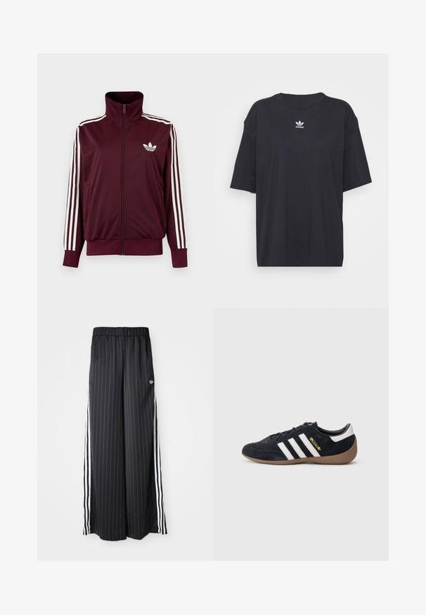 Vínovočervená športová bunda na zips s vysokým golierom, biele tri pruhy na rukávoch a biele logo Adidas trefoil na hrudi.; Čierne bavlnené tričko s krátkymi rukávmi, okrúhlym výstrihom, na hrudi s bielym logom Adidas. Jednoduchý dizajn, voľný strih.; Čierne široké nohavice s vertikálnymi bielymi pruhmi, elastický pás a tri biele pruhy po stranách. Logo Adidas vpredu.; Čierna semišová teniska s tromi bielymi pruhmi, gumovou podrážkou a malým zlatým logom na boku. Má hladkú čiernu vnútornú podšívku.