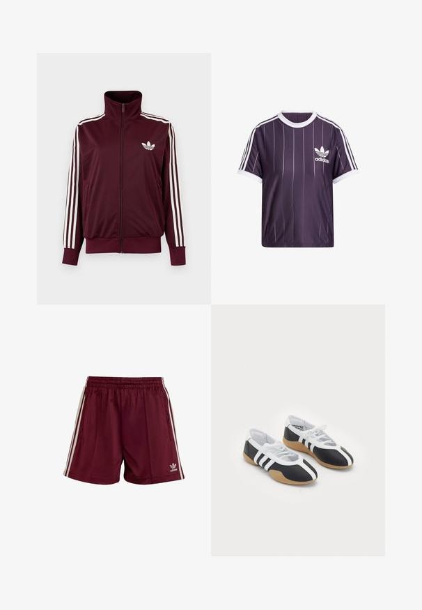 Bordeauxkleurige trainingsjas met ritssluiting en hoge kraag, witte drie strepen op de mouwen en wit Adidas trefoil-logo op de borst.; Paarse sport-T-shirt met witte verticale strepen, ronde witte kraag en wit Adidas-logo op de linkerborst. Korte mouwen.; Bordeauxkleurige sportshorts met een elastische tailleband, drie witte strepen aan elke kant en een klein wit Adidas-logo aan de onderkant links.; Zwart-witte sport schoenen met een slank ontwerp, rubberen zool, vetersluiting en drie witte strepen aan de zijkanten.