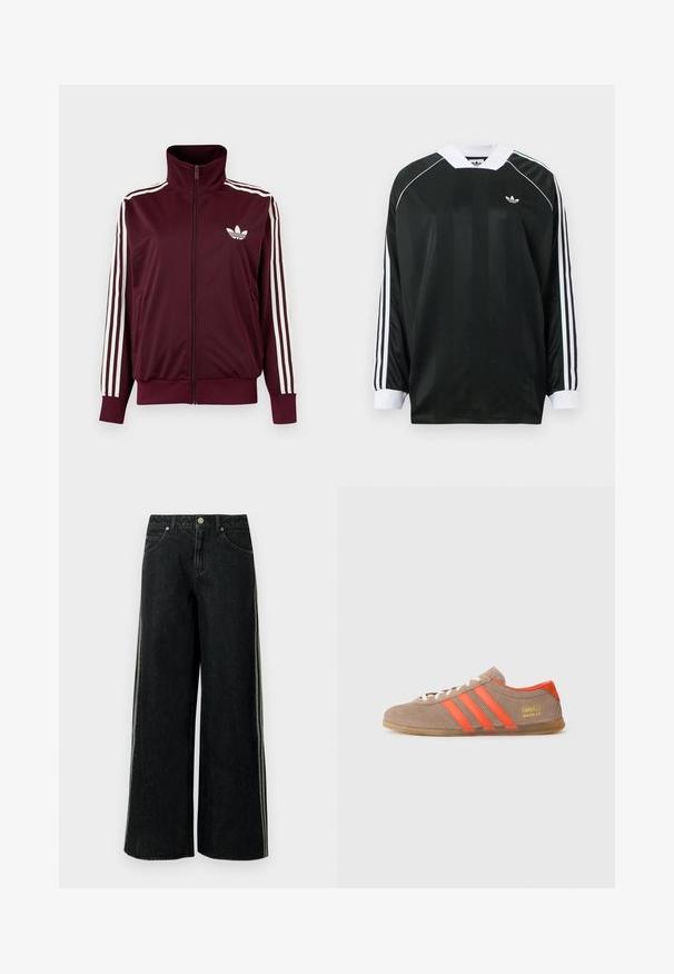 Vinrød trackjakke med lynlås og høj krave, hvide tre striber på ærmerne og hvidt Adidas trefoil-logo på brystet.; Sort langærmet skjorte med V-hals, med vertikale striber, hvide detaljer og tre hvide striber på hver ærme. Lille logo på brystet.; Sorte vidde denimjeans med sidelommer, forlommer, bæltestropper og en metal lynlås ved taljen.; Brune ruskinds sneakers med tre klare orange striber, snørebånd foran og gyldent "Gazelle" branding på siden. Flad gummi sål.