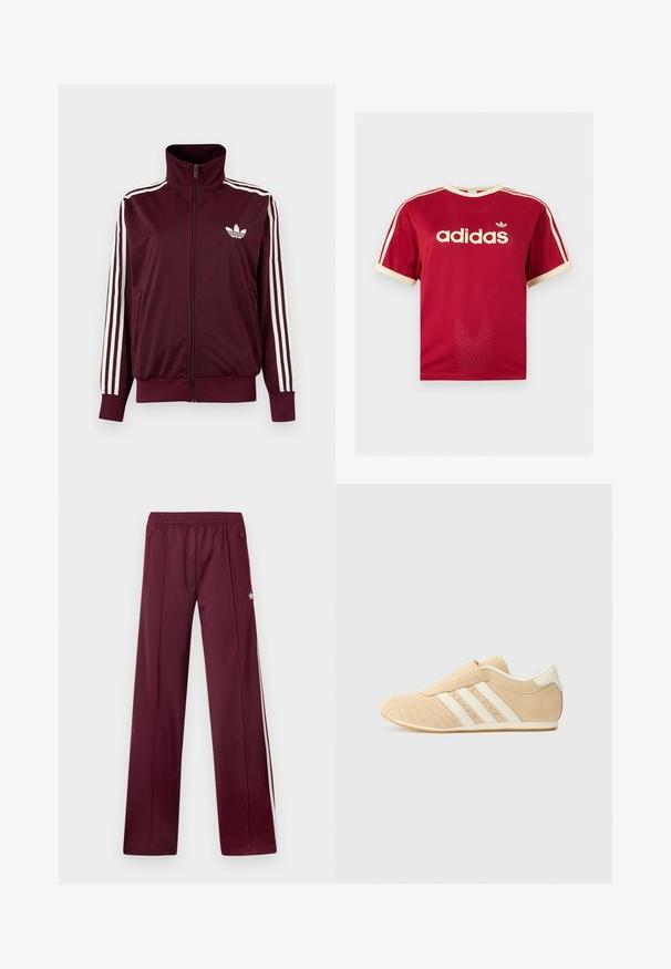 Chaqueta deportiva burdeos con cremallera, cuello alto, tres rayas blancas en las mangas y logo blanco de trébol de Adidas en el pecho.; Camiseta de malla roja Adidas con ribetes beige en el cuello, las mangas y las tres rayas en los hombros, con el logo de Adidas y texto en el frente.; Pantalones deportivos burdeos con cinturilla elástica, bolsillos laterales con cremallera, rayas blancas a los lados y un pequeño logotipo blanco de Adidas en el muslo derecho.; Zapatillas deportivas en tono marrón y crema con un acabado de cuero suave, tres rayas blancas en el lateral y una puntera redondeada. Parte superior texturizada con perforaciones.