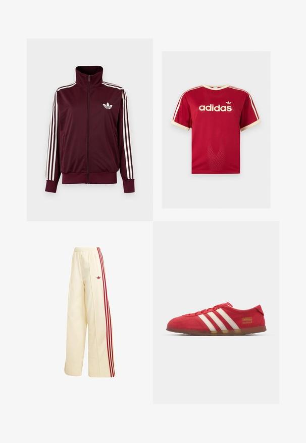 Vinrød trackjakke med lynlås og høj krave, hvide tre striber på ærmerne og hvidt Adidas trefoil-logo på brystet.; Rød Adidas mesh t-shirt med beige kant på krave, ærmer og de tre striber på skuldrene, med Adidas-logo og tekst på fronten.; Kremfarvede vidde træningsbukser med røde sidelommer, elastisk talje, lynlåslomme og rødt Adidas-logo på låret.; Røde ruskinds sneakers med hvidt tre-stripes design, flad ydersål og guld logo detalje. Lavskåren design med afrundet tå og snørebåndslukning.