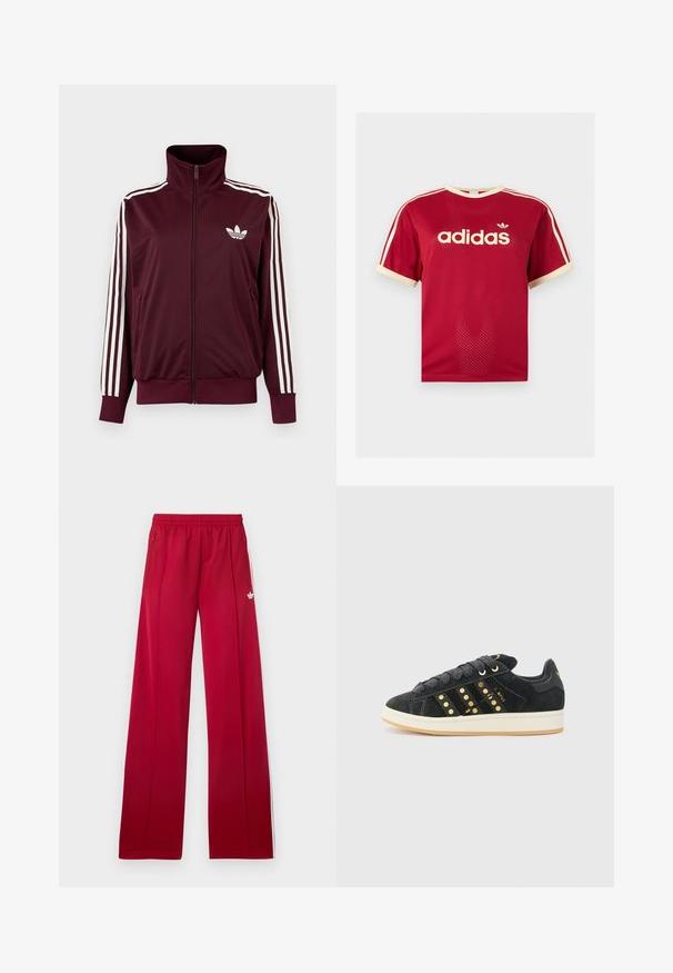 Bordeauxrote Trainingsjacke mit Reißverschluss und hohem Kragen, weißen drei Streifen an den Ärmeln und weißem Adidas-Trefoil-Logo auf der Brust.; Rotes Adidas Mesh-T-Shirt mit beigem Besatz am Kragen, an den Ärmeln und den drei Streifen auf den Schultern, mit Adidas-Logo und Schriftzug auf der Vorderseite.; Rote weite Jogginghosen mit elastischem Bund, seitlichen Reißverschlusstaschen, weißen Streifen an den Seiten und kleinem weißem Logo am linken Oberschenkel.; adidas Originals CAMPUS 00S W - Sneaker low - core black/carbon/gold-coloured