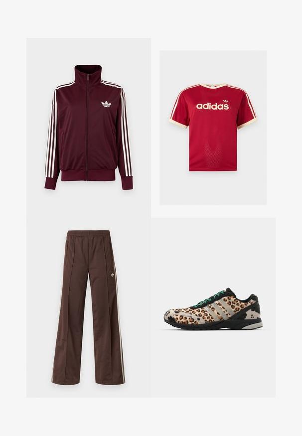 Burgundia tooniga lukuga spordijakk kõrge kraega, valgete kolme triibuga varrukatel ja valge Adidas Trefoil logoga rinnal.; Punane Adidas võrgust meeste särk beeži äärega krae, varrukate ja kolmekordsete triipude juures õlgadel, esiküljel Adidas logo ja tekstiga.; Pruunid sportpüksid laiade säärtega, valgete küljeribadega, elastse vöökohaga ja kahe küljetaskuga. Jalal on väike logo.; adidas Originals ADIZERO ADIOS OG - Tossud - grey two/core black/court green