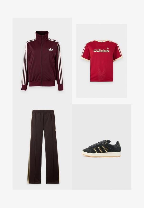 Bordeauxkleurige trainingsjas met ritssluiting en hoge kraag, witte drie strepen op de mouwen en wit Adidas trefoil-logo op de borst.; Rood Adidas mesh t-shirt met beige bies aan de kraag, mouwen en de drie strepen op de schouders, met Adidas-logo en tekst op de voorkant.; Zwarte trainingsbroek met gele zijstrepen, elastische tailleband, ritszakken aan de zijkant en een klein logo op het bovenbeen.; adidas Originals CAMPUS 00S W - Sneakers laag - core black/carbon/gold-coloured