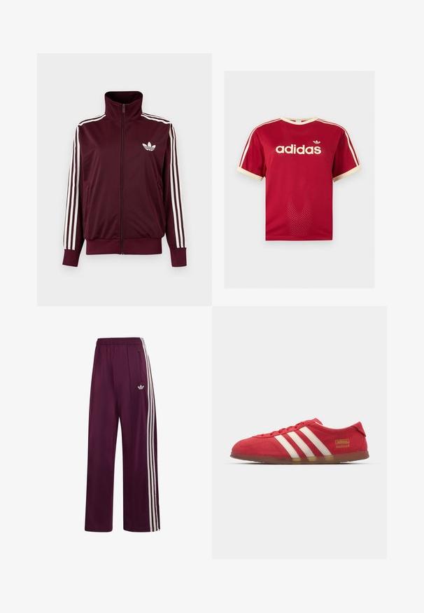 Vínovočervená športová bunda na zips s vysokým golierom, biele tri pruhy na rukávoch a biele logo Adidas trefoil na hrudi.; Červené sieťované tričko Adidas s béžovým lemovaním na golieri, rukávoch a troch pruhmi na pleciach, s logom Adidas a textom na prednej strane.; Maroonové športové nohavice Adidas s elastickým pásom, tromi bielymi pruhmi na boku, vreckom na zips a vyšívaným logom na ľavom stehne.; Červené semišové tenisky s bielym trojpruhovým dizajnom, plochou podrážkou a zlatým logom. Nízky strih s okrúlou špičkou a šnurovaním.