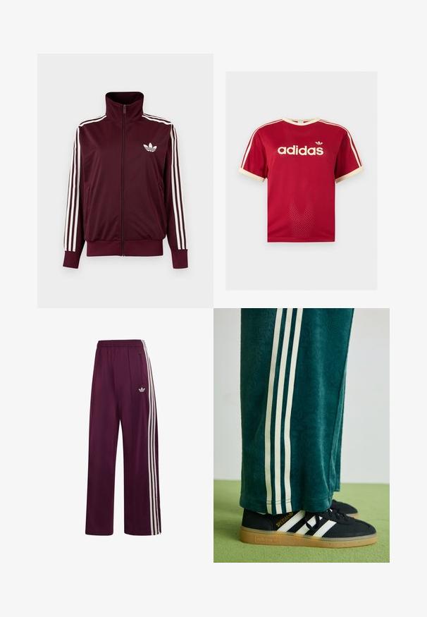 Vínovočervená športová bunda na zips s vysokým golierom, biele tri pruhy na rukávoch a biele logo Adidas trefoil na hrudi.; Červené sieťované tričko Adidas s béžovým lemovaním na golieri, rukávoch a troch pruhmi na pleciach, s logom Adidas a textom na prednej strane.; Maroonové športové nohavice Adidas s elastickým pásom, tromi bielymi pruhmi na boku, vreckom na zips a vyšívaným logom na ľavom stehne.; Zelené textúrované nohavice s bielymi bočnými pruhmi, skombinované s čiernymi teniskami Adidas s tromi bielymi pruhmi a gumovou podrážkou.