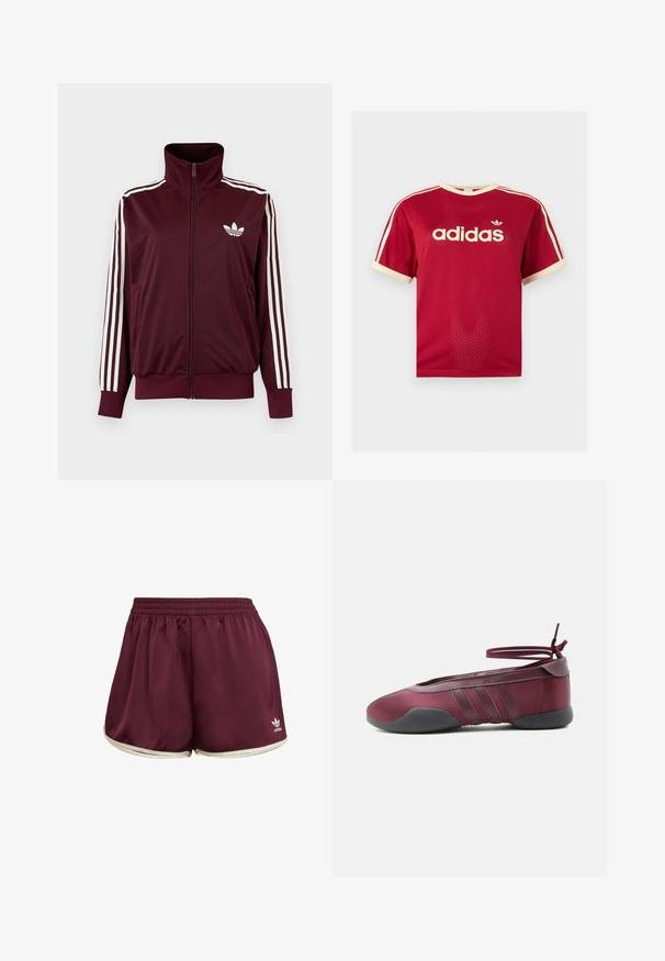 Bordeauxrote Trainingsjacke mit Reißverschluss und hohem Kragen, weißen drei Streifen an den Ärmeln und weißem Adidas-Trefoil-Logo auf der Brust.; Rotes Adidas Mesh-T-Shirt mit beigem Besatz am Kragen, an den Ärmeln und den drei Streifen auf den Schultern, mit Adidas-Logo und Schriftzug auf der Vorderseite.; adidas Originals SPRINTER - Shorts - maroon cream white; Bordeauxrote Ballerina mit schwarzer Sohle, elastischen Knöchelriemen, die zu einer Schleife gebunden sind, und gesteppten Details an den Seiten, von der Außenseite gezeigt.