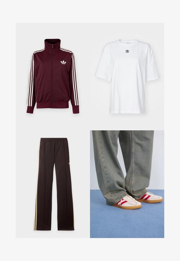 Burgundia tooniga lukuga spordijakk kõrge kraega, valgete kolme triibuga varrukatel ja valge Adidas Trefoil logoga rinnal.; Valge lühikeste varrukatega T-särk, mis on valmistatud puuvillast. Omab ümarat kaelust ja väikest musta Adidas logo rinnal. Otse lõige.; Mustad dressipüksid kollaste küljeribadega, elastse vöökohaga, küljetaskud lukuga ja väike logo reie ülaosas.; Valged tennis kingad punaste triipudega, tekstureeritud kangast ülemine osa, ümar varvas, lame kummist tald, koos vabaaja, pleekinud siniste teksadega.