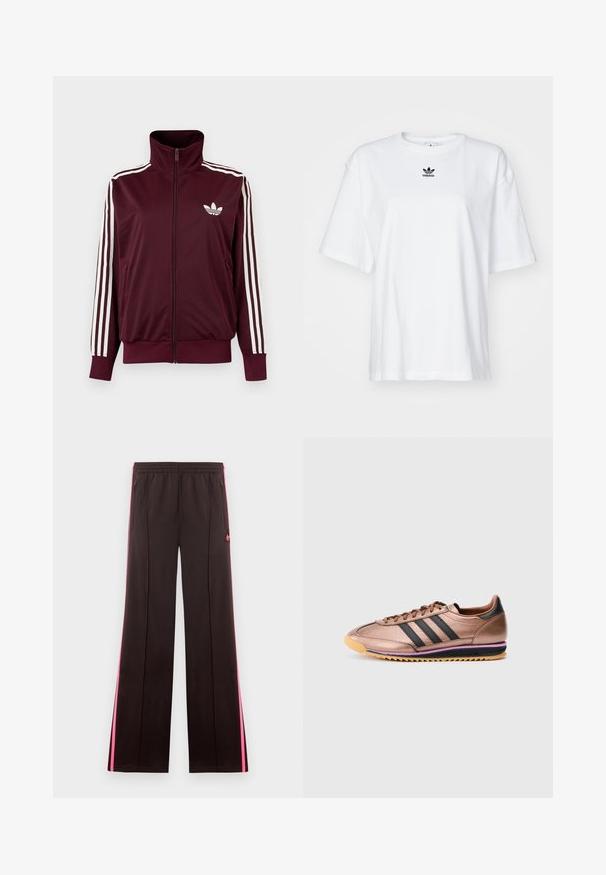 Bordeauxkleurige trainingsjas met ritssluiting en hoge kraag, witte drie strepen op de mouwen en wit Adidas trefoil-logo op de borst.; Witte korte mouwen t-shirt van katoen. Voorzien van een ronde hals en een klein zwart Adidas-logo op de borst. Rechthoekige zoom.; Zwarte sportbroek met roze zijstrepen, elastische tailleband, ritssluitingenaan zakken en Adidas-logo op linker bovenbeen.; Bronzen atletiekschoen met drie zwarte strepen, gladde textuur, vetersluiting, contrasterende lichtbruine zool met paarse accent, retro stijl.