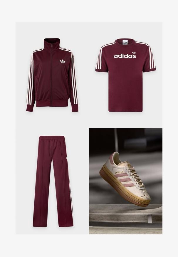 Bordeauxkleurige trainingsjas met ritssluiting en hoge kraag, witte drie strepen op de mouwen en wit Adidas trefoil-logo op de borst.; Bordeauxrode katoenen T-shirt met wit gestreepte mouwen, met het "adidas" logo in het wit over de borst en een klein logo erboven.; Wijnrode trainingsbroek met elastische tailleband, zijzakken met rits, witte zijstrepen en een klein wit Adidas-logo op de rechterdij.; Witte suède sneakers met roze accenten, voorzien van drie strepen en een gouden logo. Textuur in de neuskap en een bruine rubberen zool. Klassiek ontwerp.