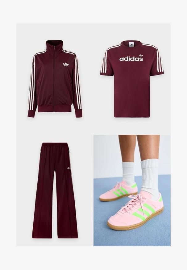 Vínovočervená športová bunda na zips s vysokým golierom, biele tri pruhy na rukávoch a biele logo Adidas trefoil na hrudi.; Bordové bavlnené tričko s bielymi pruhovanými rukávmi, na hrudi s bielym logom "adidas" a malým logom nad ním.; Bordo športové nohavice s voľným strihom, vyrobené z hladkého materiálu, s dvomi bočnými vreckami a bielymi kontrastnými prúžkami po stranách.; Ružové semišové tenisky s neónovo zelenými pruhmi a svetlohnedými gumovými podrážkami. Vyznačujú sa štruktúrovaným materiálom a plochým šnurovacím dizajnom.
