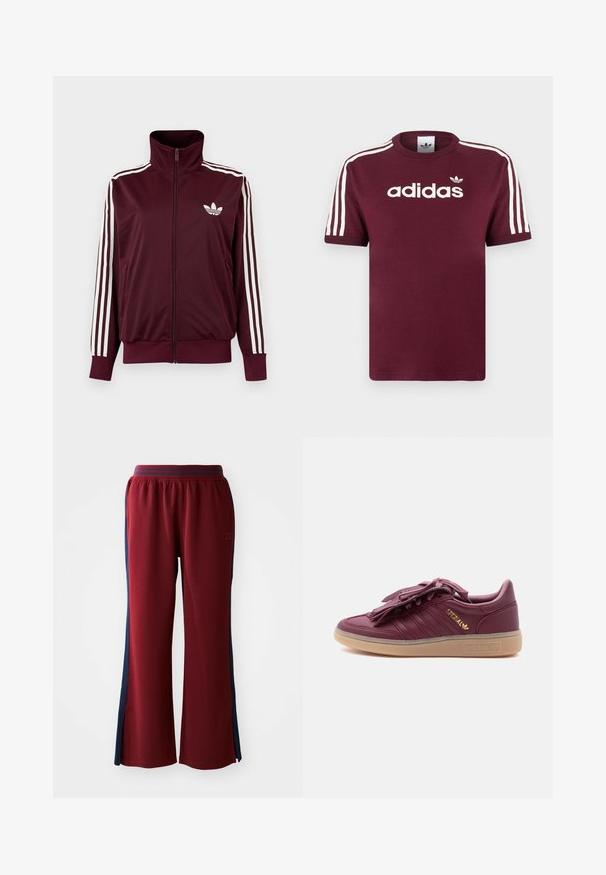 Burgundia tooniga lukuga spordijakk kõrge kraega, valgete kolme triibuga varrukatel ja valge Adidas Trefoil logoga rinnal.; Kašmiirpunane puuvillane T-särk valgete triibuliste varrukatega, millel on rinnal valge "adidas" logo ja selle kohal väike logo.; Punased vabaaja püksid, millel on lai lõige ja tumesinised küljeribad. Mugavust pakkuv elastne vöökoht.; Bordoopunane Adidas Spezial spordijalats kummist tallaga, kuldse logoga küljel ja lõhestatud paelakaantel valgel taustal.