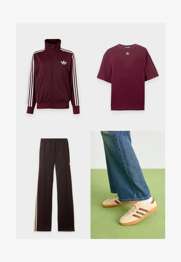 Vinrød trackjakke med lynlås og høj krave, hvide tre striber på ærmerne og hvidt Adidas trefoil-logo på brystet.; Bourgognefarvet bomulds-T-shirt med rund hals og korte ærmer, med en hvid Adidas-logo centreret på brystet. Glat tekstur.; Sorte træningsbukser med gule sidelister, elastisk taljebånd, lynlåslommer i siderne og en lille logo på den øvre lår.; Beige sneakers med teksturerede cremefarvede paneler og brune striber, parret med blå denim jeans. Jeansene har brede ben og en frynset kant.