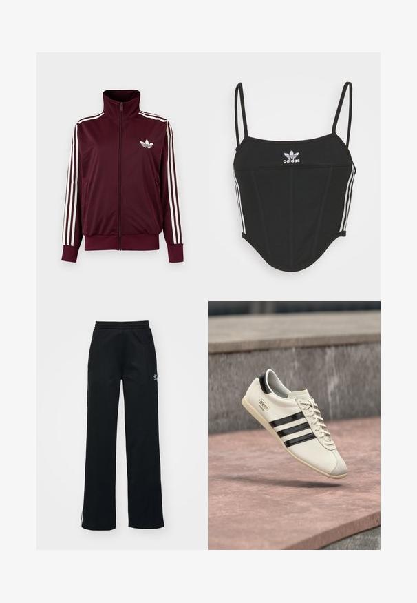 Viininpunainen vetoketjullinen urheilutakki korkealla kauluksella, valkoiset kolme raitaa hihoissa ja valkoinen Adidas Trefoil -logo rinnassa.; Mustat ribbikangasta crop-topit, joissa on säädettävät ohuet hihnat, kolme valkoista raitaa sivuilla ja pieni valkoinen Adidas-logo keskellä.; Mustat urheiluhousut, joissa on rento istuvuus, kiristysnyöri vyötäröllä, sivutaskut vetoketjulla ja hillityt valkoiset logot vasemmassa jalassa.; Valkoinen Adidas-tennari mustilla raidoilla ja beigenvärisellä pohjalla, leijumassa vaaleanpunertavan betonipinnan ja harmaan kiven taustalla.