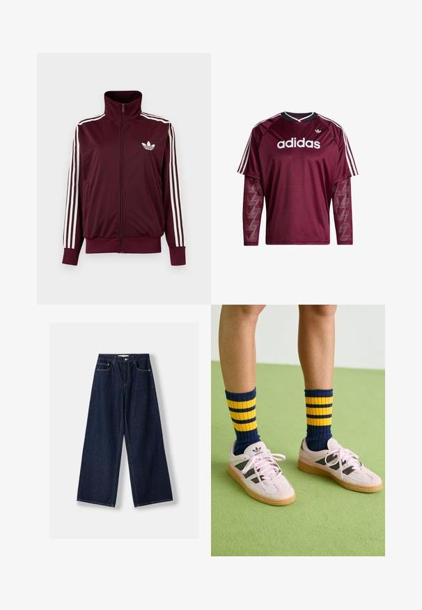 Bordeauxkleurige trainingsjas met ritssluiting en hoge kraag, witte drie strepen op de mouwen en wit Adidas trefoil-logo op de borst.; Donkerrode Adidas longsleeve met mouwen van mesh, wit logo en strepen op de schouders, zwarte en witte kraag, voorkant gezien.; Donkerblauwe jeans met wijde pijpen, vooraan knoop- en ritssluiting, voorzakken en ceintuurlussen, plat neergelegd op een witte achtergrond.; Lichtroze suède sneakers met zwarte strepen en rubberen gummizolen, gecombineerd met marineblauwe en gele gestreepte rib sokken. Groene gestructureerde vloer.