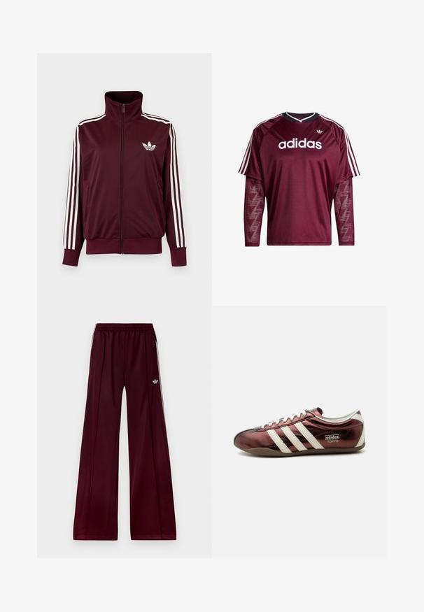 Burgundia tooniga lukuga spordijakk kõrge kraega, valgete kolme triibuga varrukatel ja valge Adidas Trefoil logoga rinnal.; Tumepunane Adidas pika varrukaga särk võrgust varrukatega, valge logoga ja triipudega õlgadel, must-valge kraega, esikülg vaadates.; Burgundi tooni spordipüksid mugava lõikega, valminud siledast materjalist, millel on kaks küljetaskut ja valged kontrastsed triibud külgedel.; Madalprofiilne metallik burgundia Adidas toss valgete triipude, paelte ja küljele kantud „Adidas Tokyo“ logoga.