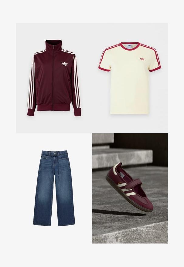 Veste de survêtement bordeaux zippée avec col haut, trois bandes blanches sur les manches et logo Adidas trefoil blanc sur la poitrine.; T-shirt crème à manches courtes Adidas avec col côtelé rouge, extrémités des manches rouges, trois bandes rouges sur les épaules et logo trefoil Adidas rouge sur la poitrine.; Jean en denim à jambes larges de couleur bleu foncé, avec une taille ajustée, des passants de ceinture et une fermeture à bouton à l'avant. Texture lisse avec un léger délavage.; Chaussure de sport bordeaux avec une bride, des bandes blanches sur les côtés, une semelle en caoutchouc texturée et une tige en matériau lisse. Ajustement réglable avec intérieur rembourré.
