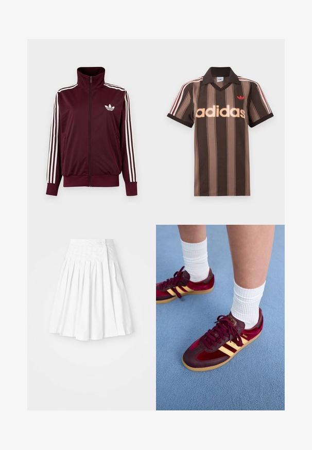 Bordeauxkleurige trainingsjas met ritssluiting en hoge kraag, witte drie strepen op de mouwen en wit Adidas trefoil-logo op de borst.; Bruine gestreepte Adidas polo met V-hals, bordeauxrode kraag en rood logo. Heeft witte en rode schouderstrepen, korte mouwen.; Witte geplooide rok met een strakke tailleband, voorzien van een knoopsluiting aan de zijkant en een gladde, frisse textuur.; Bordeaux suède en leren sneakers met gele strepen en een gumzool. Witte geribbelde sokken zichtbaar boven de enkel, neergezet op een blauwe gestructureerde ondergrond.