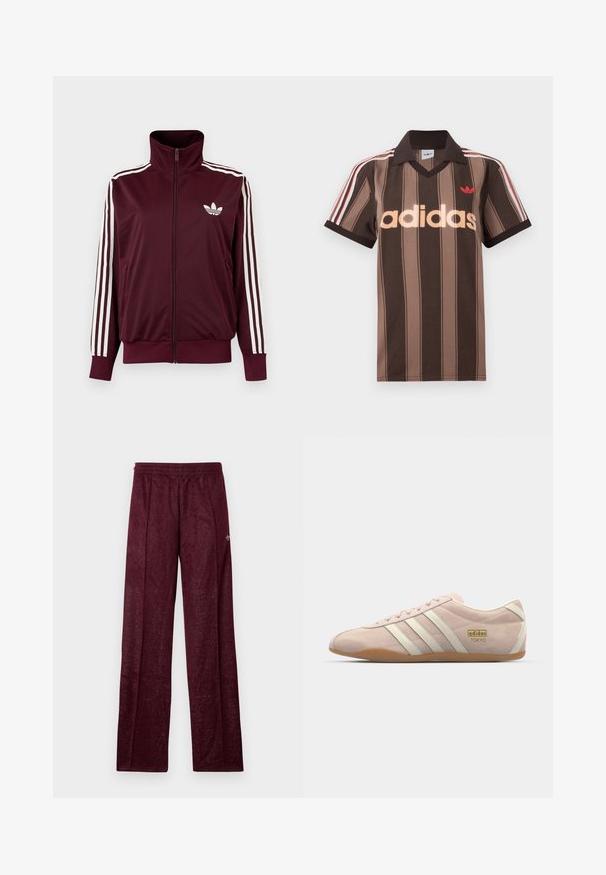 Vínovočervená športová bunda na zips s vysokým golierom, biele tri pruhy na rukávoch a biele logo Adidas trefoil na hrudi.; Hnedé prúžkované polo tričko Adidas s výstrihom do V, bordovým golierom a červeným logom. Má bielo-červené pruhy na ramenách a krátke rukávy.; Bordové športové nohavice vyrobené z textúrovanej tkaniny, s elastickým pásom a bočnými švami pre priame nohavice.; adidas Originals TOKYO - Tenisky - quartz/off white