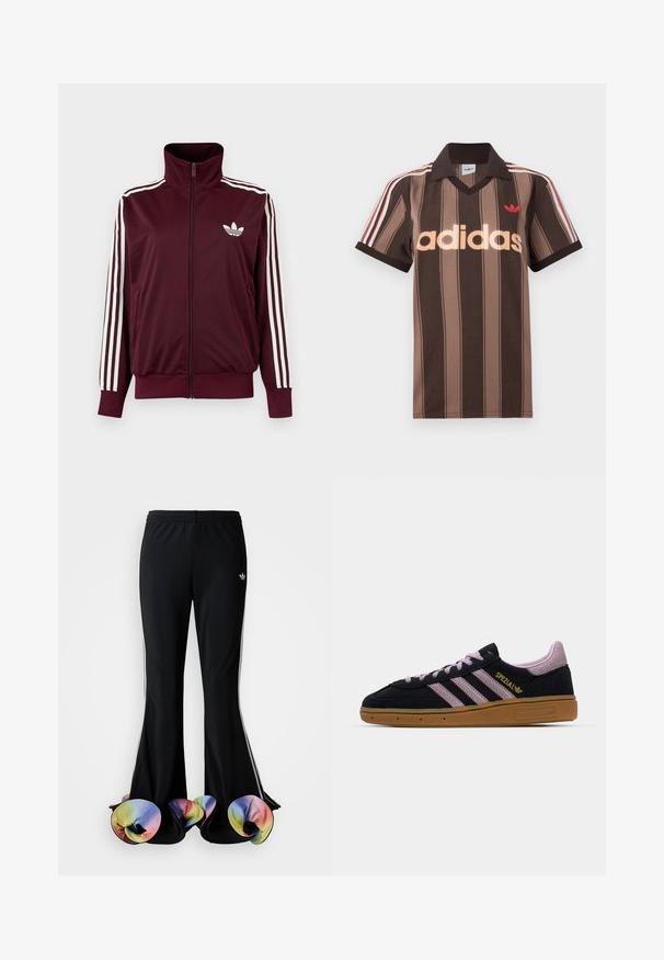 Veste de survêtement bordeaux zippée avec col haut, trois bandes blanches sur les manches et logo Adidas trefoil blanc sur la poitrine.; Polo Adidas rayé marron avec col en V, col bordeaux, et logo rouge. Comprend des rayures blanches et rouges sur les épaules, manches courtes.; Pantalons de sport noirs avec un design large et évasé. Présentent des ourlets inférieurs colorés et froncés ainsi que des rayures blanches sur les côtés. Fabriqués en tissu extensible.; Baskets en suède noir et rose avec semelle en caoutchouc, trois rayures roses, marquage doré "SPEZIAL" et semelle en gomme texturée. Design basse.