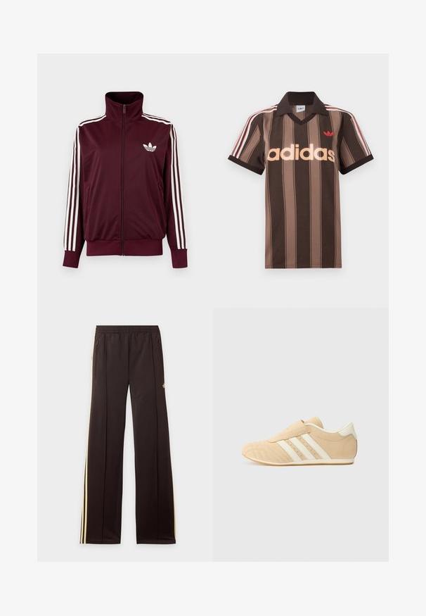 Vinrød trackjakke med lynlås og høj krave, hvide tre striber på ærmerne og hvidt Adidas trefoil-logo på brystet.; Brunstribet Adidas polo-shirt med V-hals, bordeaux krave og rødt logo. Har hvide og røde skulderstriber samt korte ærmer.; Sorte træningsbukser med gule sidelister, elastisk taljebånd, lynlåslommer i siderne og en lille logo på den øvre lår.; Brune og creme atletiksko med overdel i glat læder, tre hvide striber på siden og en rund tå. Tekstureret overdel med perforeringer.
