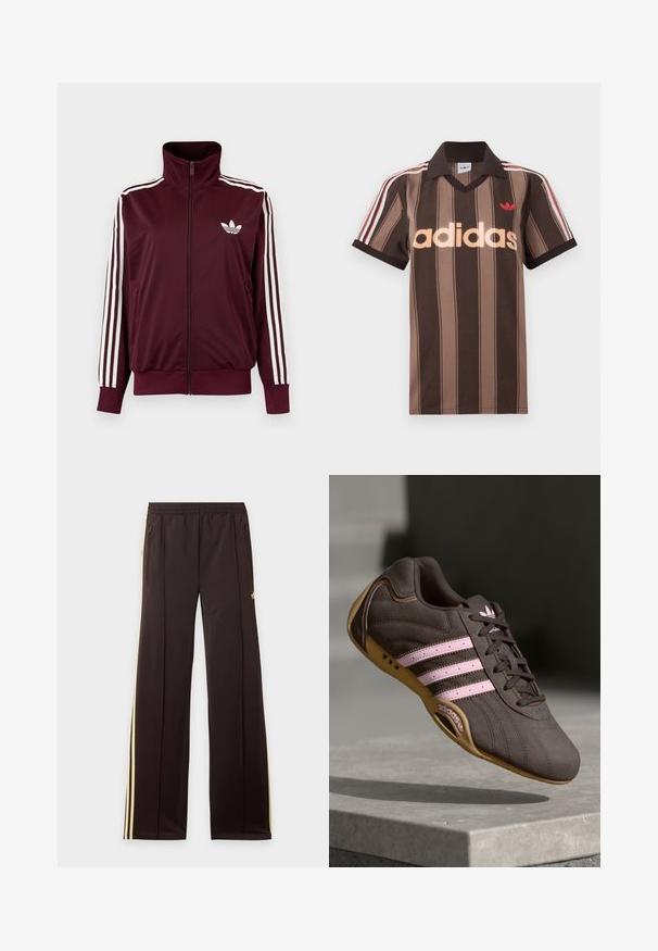 Vinrød trackjakke med lynlås og høj krave, hvide tre striber på ærmerne og hvidt Adidas trefoil-logo på brystet.; Brunstribet Adidas polo-shirt med V-hals, bordeaux krave og rødt logo. Har hvide og røde skulderstriber samt korte ærmer.; Sorte træningsbukser med gule sidelister, elastisk taljebånd, lynlåslommer i siderne og en lille logo på den øvre lår.; Brune ruskind atletik sko med pink striber og logo, med en tekstureret overdel, snørebåndslukning og en gummirubbersål.