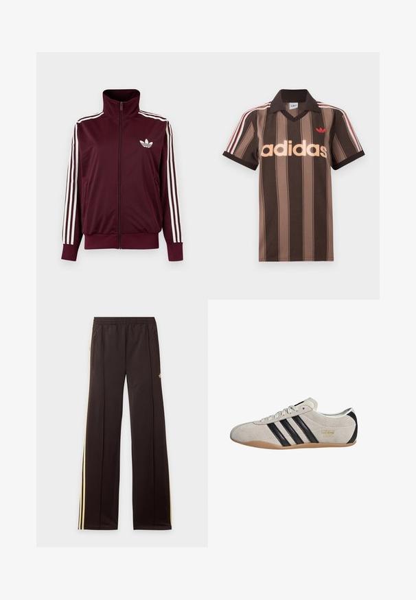 Vinrød trackjakke med lynlås og høj krave, hvide tre striber på ærmerne og hvidt Adidas trefoil-logo på brystet.; Brunstribet Adidas polo-shirt med V-hals, bordeaux krave og rødt logo. Har hvide og røde skulderstriber samt korte ærmer.; Sorte træningsbukser med gule sidelister, elastisk taljebånd, lynlåslommer i siderne og en lille logo på den øvre lår.; Suedesneakers med en grå overdel, sorte striber og en gummisål. Har snørelukning og en guldfarvet logo-detalje på siden.