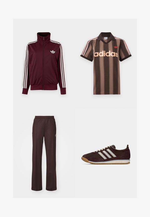 Bordeauxrote Trainingsjacke mit Reißverschluss und hohem Kragen, weißen drei Streifen an den Ärmeln und weißem Adidas-Trefoil-Logo auf der Brust.; Braunes gestreiftes Adidas-Poloshirt mit V-Ausschnitt, bordeauxrotem Kragen und rotem Logo. Mit weißen und roten Schulterstreifen, kurzen Ärmeln.; Braune Sporthose mit einem elastischen Bund, zwei Seitentaschen und einem kleinen Logo auf der linken Seite, gefertigt aus weichem Stoff.; Niedrig profilierter dunkelburgunderfarbener Adidas Sneaker mit weißen Streifen, cremfarbenen Schnürsenkeln und Gummisohle, seitliche Ansicht vor einfarbigem Hintergrund.