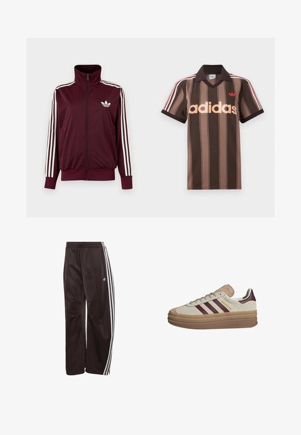 Vínovočervená športová bunda na zips s vysokým golierom, biele tri pruhy na rukávoch a biele logo Adidas trefoil na hrudi.; Hnedé prúžkované polo tričko Adidas s výstrihom do V, bordovým golierom a červeným logom. Má bielo-červené pruhy na ramenách a krátke rukávy.; Čierne teplákové nohavice Adidas s bielymi tromi pruhmi po stranách, elastickým pásom, bočným vreckom na zips a logom Adidas na ľavej nohe.; Béžové semišové tenisky s vínovými pruhmi, bielymi akcentmi, masívnou priehľadnou podrážkou a vystúpeným logom na boku. Šnurovací dizajn.