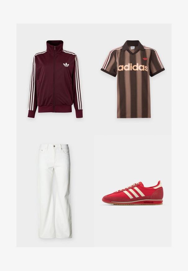 Bordeauxkleurige trainingsjas met ritssluiting en hoge kraag, witte drie strepen op de mouwen en wit Adidas trefoil-logo op de borst.; Bruine gestreepte Adidas polo met V-hals, bordeauxrode kraag en rood logo. Heeft witte en rode schouderstrepen, korte mouwen.; Witte jeans met rechte pijpen en hoge taille, voorzien van een knoopsluiting aan de voorkant, rits, en zij- en achterzakken, tegen een effen lichte achtergrond.; Rode sportieve sneaker met een gestructureerde bovenzijde, drie witte strepen, ronde neus en een rubberen zool met logo-details aan de zijkant.