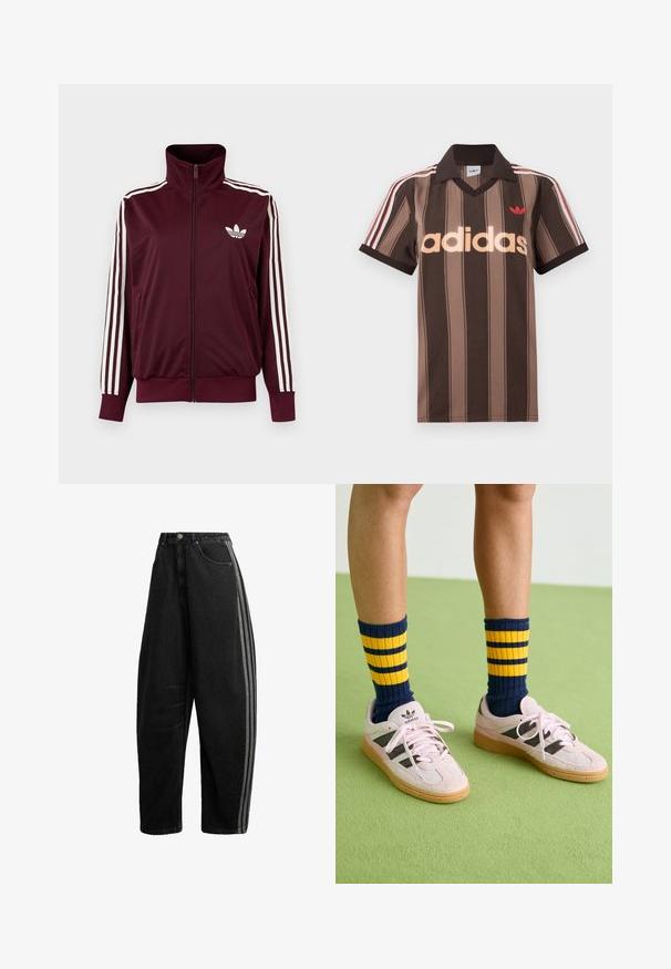 Vinrød trackjakke med lynlås og høj krave, hvide tre striber på ærmerne og hvidt Adidas trefoil-logo på brystet.; Brunstribet Adidas polo-shirt med V-hals, bordeaux krave og rødt logo. Har hvide og røde skulderstriber samt korte ærmer.; Sorte vidde jeans med høj talje, knap- og lynlås lukning, forlommer og to grå striber ned langs de ydre sidesømme.; Lyserøde ruskinds sneakers med sorte striber og gummisåler, parret med navy- og gule stribede ribbede sokker. Grøn struktureret gulv.