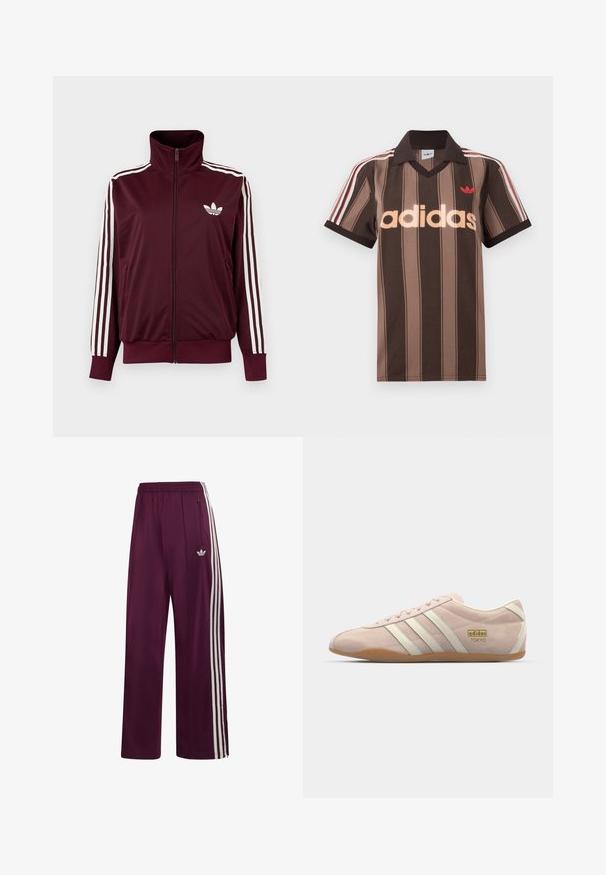 Vínovočervená športová bunda na zips s vysokým golierom, biele tri pruhy na rukávoch a biele logo Adidas trefoil na hrudi.; Hnedé prúžkované polo tričko Adidas s výstrihom do V, bordovým golierom a červeným logom. Má bielo-červené pruhy na ramenách a krátke rukávy.; Maroonové športové nohavice Adidas s elastickým pásom, tromi bielymi pruhmi na boku, vreckom na zips a vyšívaným logom na ľavom stehne.; adidas Originals TOKYO - Tenisky - quartz/off white
