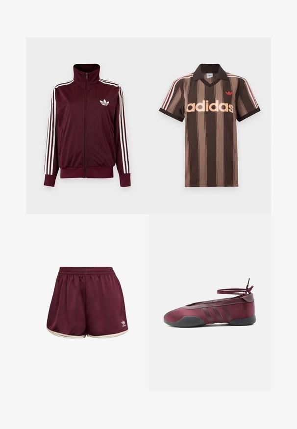 Vinrød trackjakke med lynlås og høj krave, hvide tre striber på ærmerne og hvidt Adidas trefoil-logo på brystet.; Brunstribet Adidas polo-shirt med V-hals, bordeaux krave og rødt logo. Har hvide og røde skulderstriber samt korte ærmer.; adidas Originals SPRINTER - Shorts - maroon cream white; Burgunderfarvet balletsko med sort sål, elastiske ankelstropper bundet i sløjfe og syninger på siderne, vist fra ydersiden.