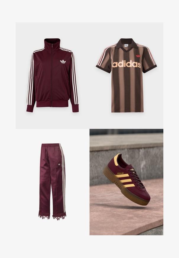 Bordo krāsas sporta jaka ar rāvējslēdzēju un augstu apkakli, baltas trīs svītras uz piedurknēm un balts Adidas trefoil logotips uz krūtīm.; Brūna svītraina Adidas polo krekls ar V veida izgriezumu, bordo apkakli un sarkanu logotipu. Īsām piedurknēm ir baltas un sarkanas plecu svītras.; Tumši sarkani satīna sporta bikses ar baltām sānu svītrām, elastīgu vidukli, rāvējslēdzēja kabatām un mežģīņu apdari apakšmalā.; Bordo krāsas Adidas Spezial sporta apavi ar bēšām svītrām un brūnu zoli, kas peld virs betona virsmas.