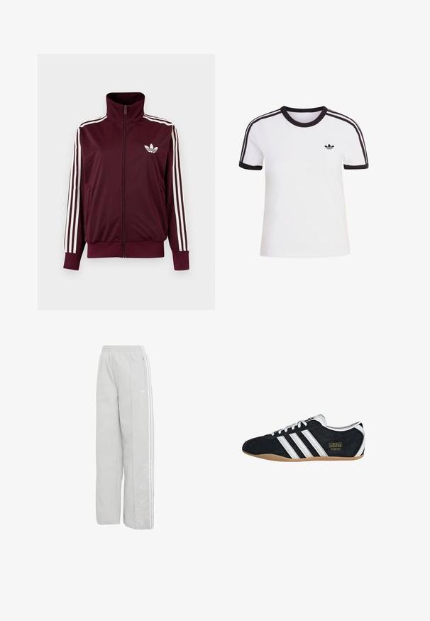 Vínovočervená športová bunda na zips s vysokým golierom, biele tri pruhy na rukávoch a biele logo Adidas trefoil na hrudi.; Biele tričko s krátkym rukávom s čiernymi detailmi, s okrúhlym výstrihom a tromi čiernymi pruhmi na každom ramene. Malé čierne logo na hrudi.; Svetlosivé široké teplákové nohavice Adidas s elastickým pásom, bielymi tromi pruhmi na stranách, vrecko na zips a jemnou kvetinovou výšivkou na ľavej nohe.; Čierne semišové tenisky s bielymi tromi pruhmi, zlatým logom a hnedou gumovou podrážkou. Disponujú nízkym šnurovacím dizajnom.