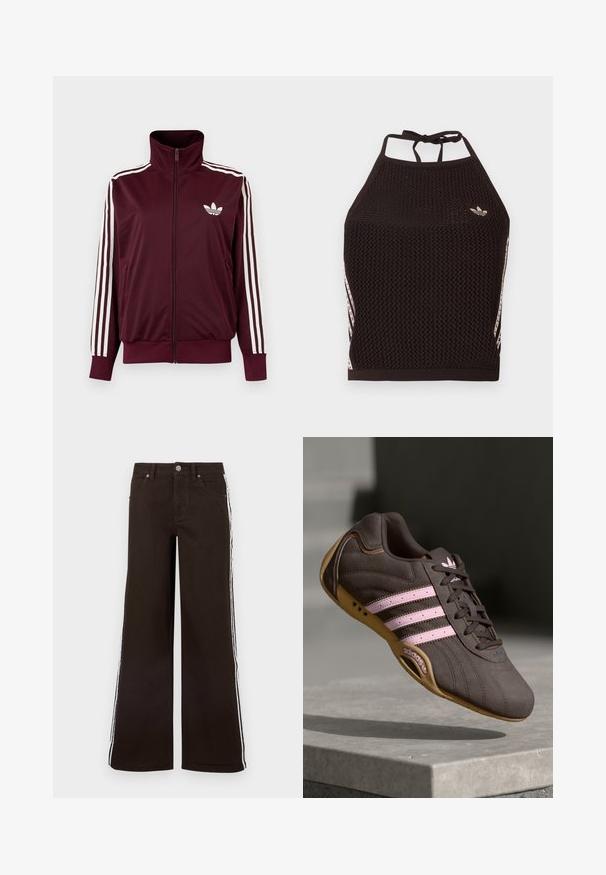 Vinrød trackjakke med lynlås og høj krave, hvide tre striber på ærmerne og hvidt Adidas trefoil-logo på brystet.; Sort mesh halter crop top med tekstureret design. Har pink accentstriber og en lille logo foran. Lukning med bånd bagpå.; Brune viddeben jeans lavet af denim med hvide sidelister, klassisk fem-lomme-design og lukning med metal-knap.; Brune ruskind atletik sko med pink striber og logo, med en tekstureret overdel, snørebåndslukning og en gummirubbersål.