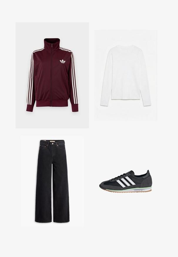 Burgundia tooniga lukuga spordijakk kõrge kraega, valgete kolme triibuga varrukatel ja valge Adidas Trefoil logoga rinnal.; Lihtne valge pika varrukaga ümara kaelusega särk, mis on laotatud valgele pinnale, nähtaval on esiosa ja varruka kogu pikkus.; Mustad laiad teksad, mis on valmistatud denimist, viie tasku, vase nuppe ja klassikalise nööbiga kinnitusega. Sile tekstuur ja puhas disain.; Mustad ja hallid tossud, millel on samet- ja võrgust pealis, kolme valge triibuga, kummist tald ja roheline aktsent tallal.