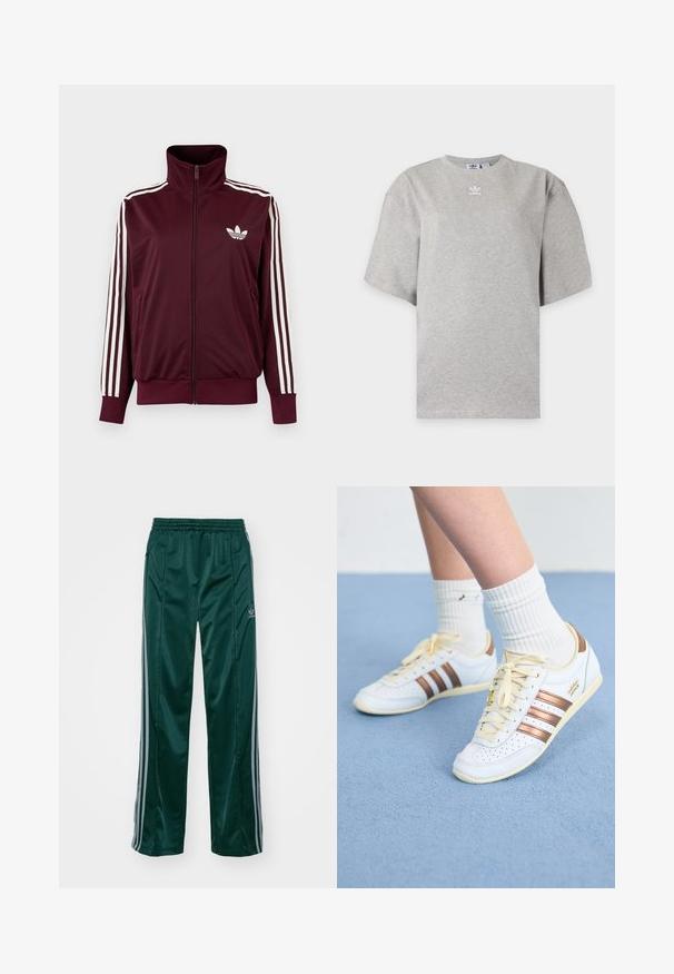 Vínovočervená športová bunda na zips s vysokým golierom, biele tri pruhy na rukávoch a biele logo Adidas trefoil na hrudi.; Svetlosivé tričko Adidas s krátkym rukávom, okrúhlym výstrihom a malým bielym logom Adidas na hrudi, zobrazené na jednoduchom pozadí.; Tmavozelené športové nohavice vyrobené z lesklého materiálu, s bočnými pruhmi v svetlošedej farbe a vyšitým logom na ľavom stehne.; Biele tenisky s bronzovými pruhmi, textúrovaná koža, žlté šnúry a perforované detaily. Nosia sa s bielymi rebrovanými ponožkami na jemnom modrom povrchu.